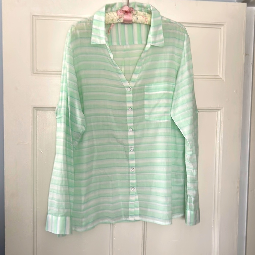 Columbia, long sleeve shirt, light, green, horizontal, stripes, size XL